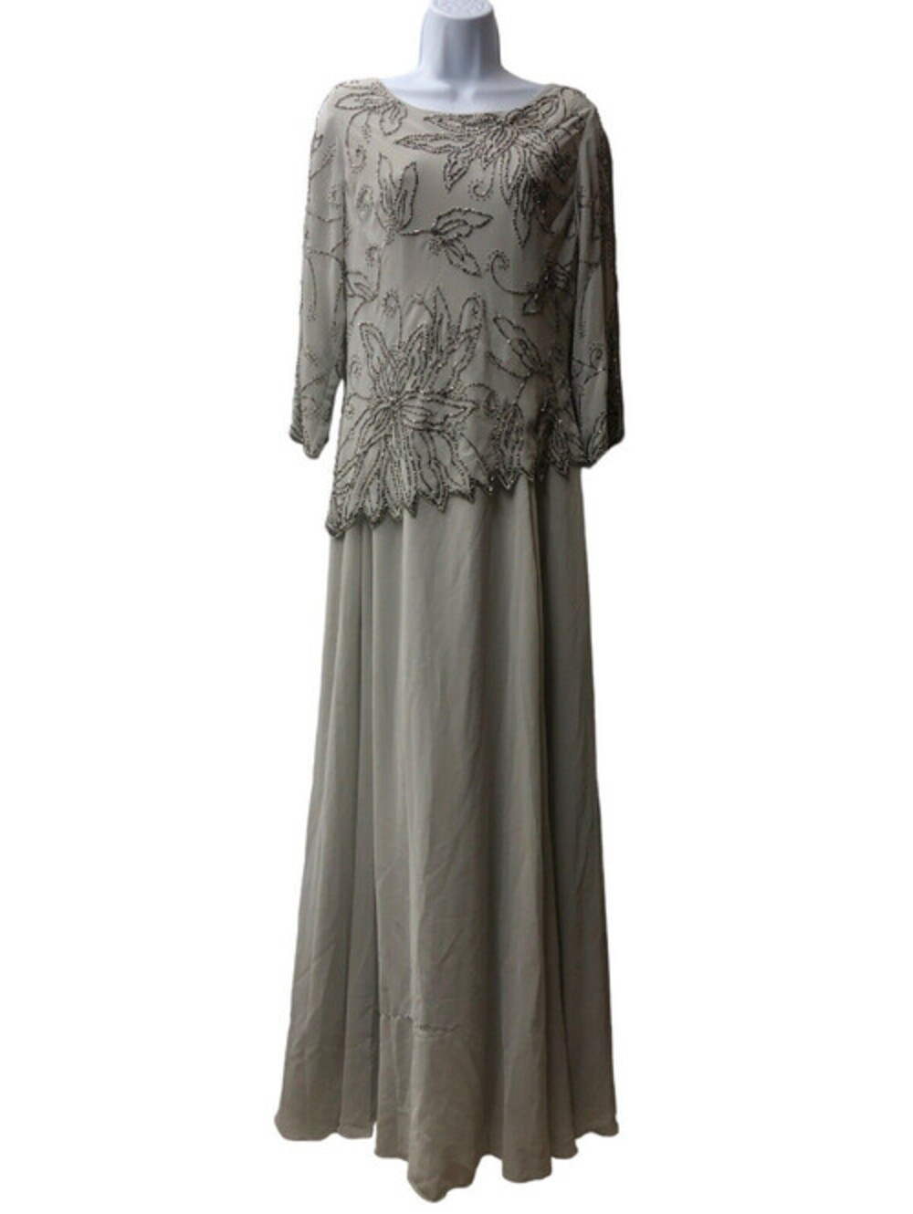 J Kara Women's 3/4 Floral Beaded Pop Over Gown Silver/Mercury 14W Full Length